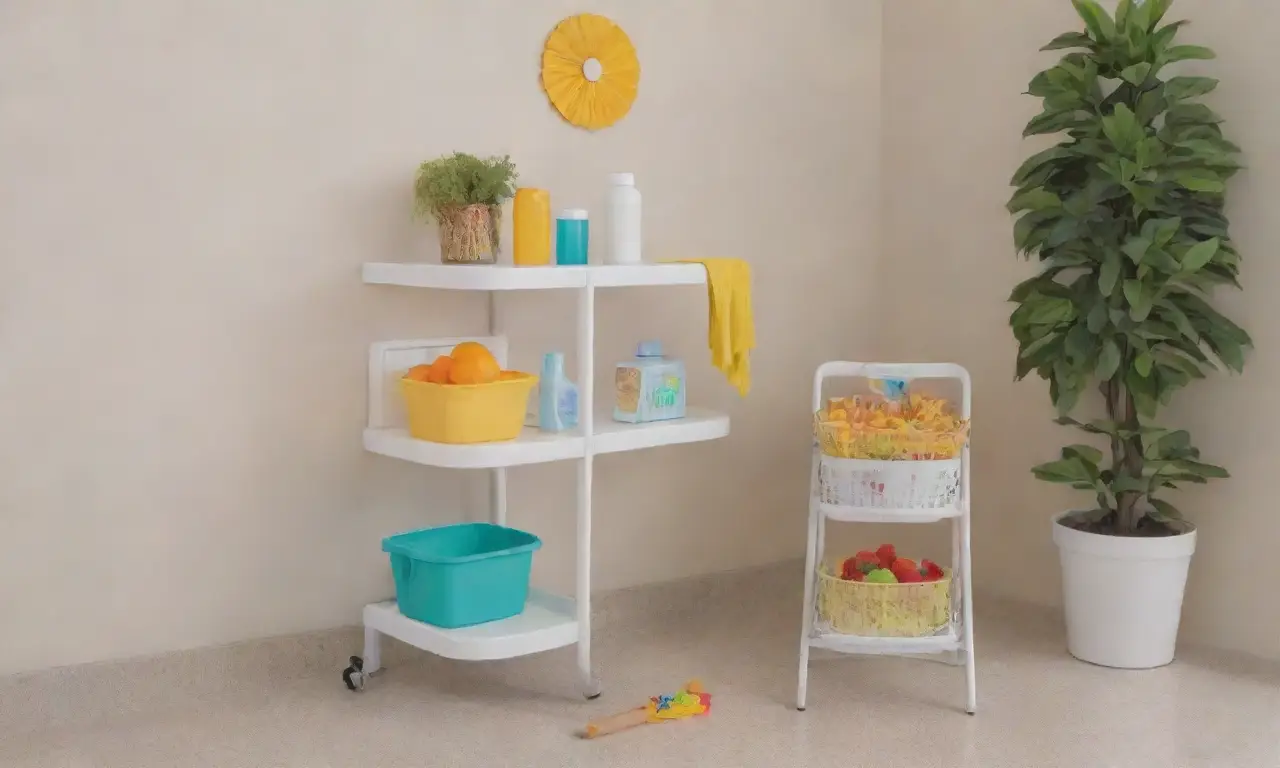 Un espacio limpio, ordenado y luminoso con plantas y elementos de limpieza organizados