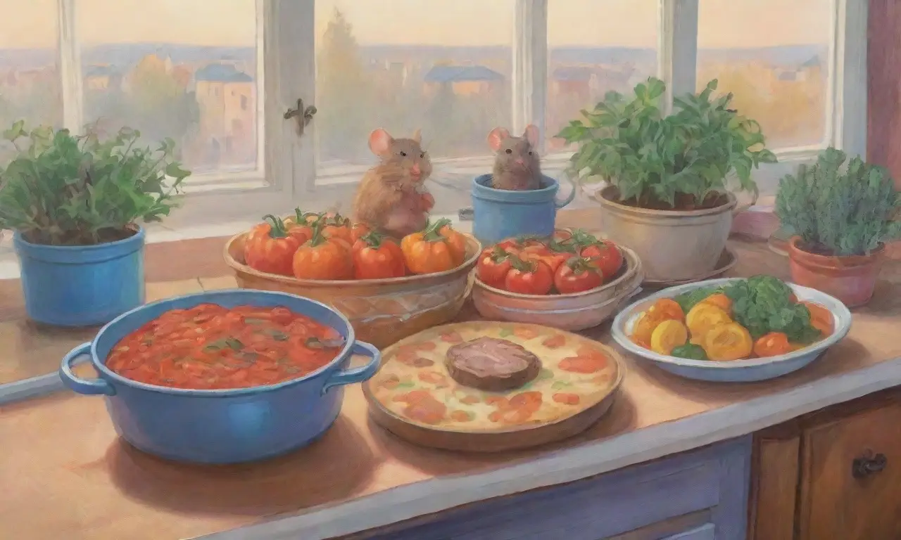Una escena vibrante de cocina parisina con un ratón chef creando ratatouille en un ambiente colorido y acogedor