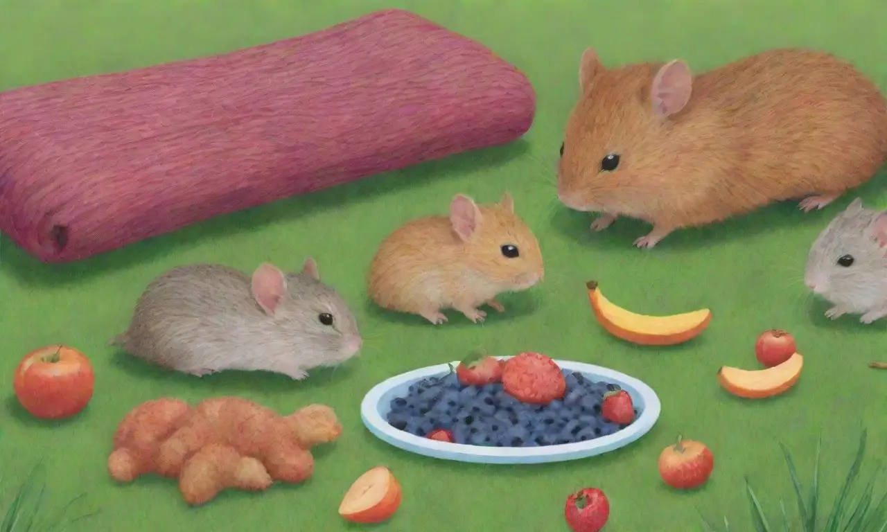 Un fondo vibrante con pequeños roedores, frutas coloridas y un ambiente acogedor que sugiere un equilibrio entre salud y naturaleza