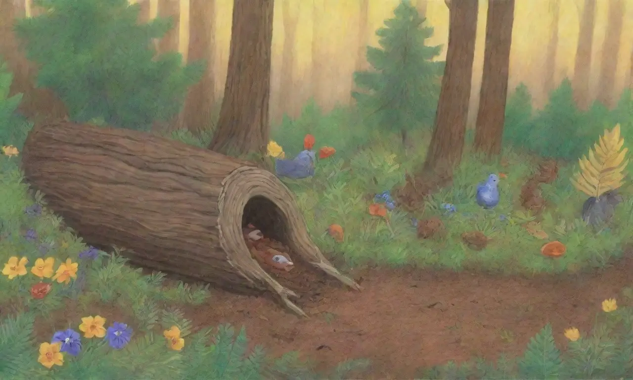 Un bosque denso con hojas brillantes, un roedor asomando, flores silvestres, un nido de pájaros y la vida silvestre en armonía