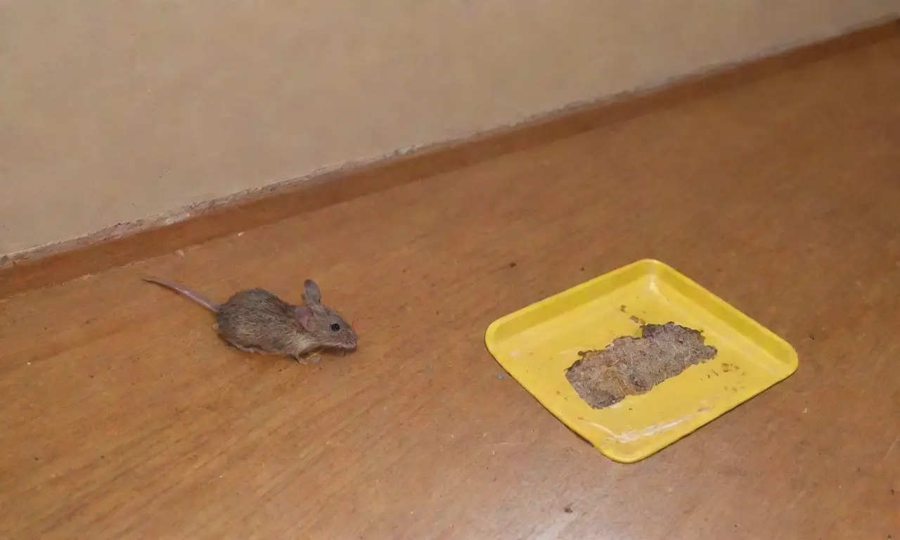 Trampas adhesivas amarillas en un rincón oscuro atrapan roedores, con un ambiente de tensión y un olor a cebo