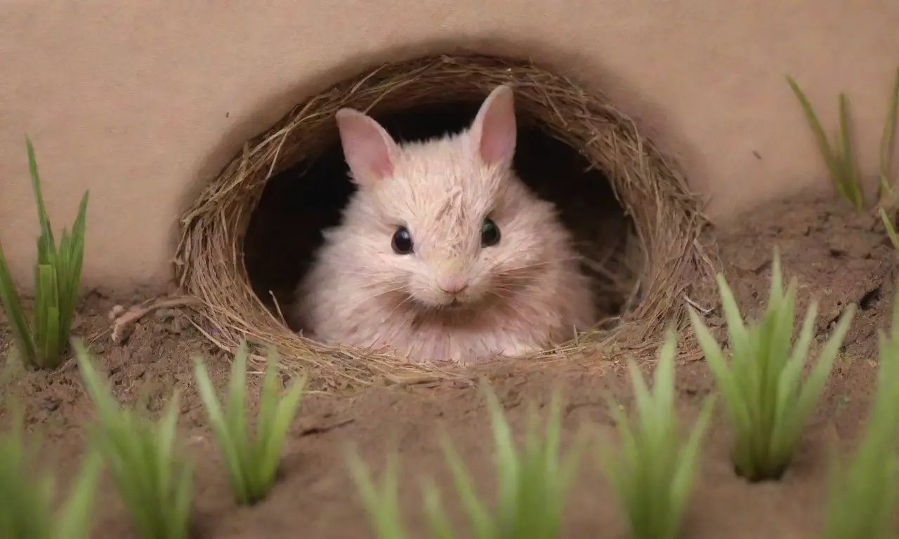 Un nido acogedor con suaves pelajes, ojos pequeños asomando y un ambiente secreto