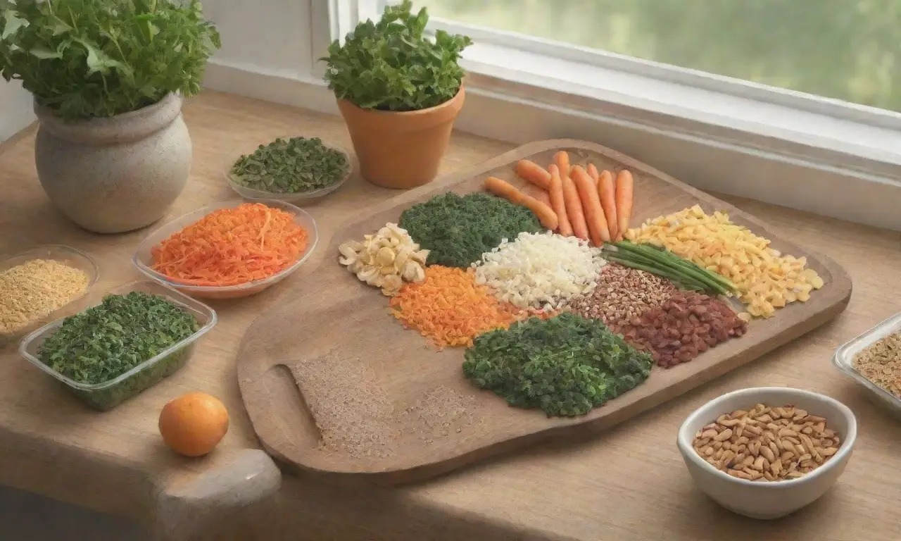 Un acogedor entorno de cocina con alimentos coloridos y detalles juguetones