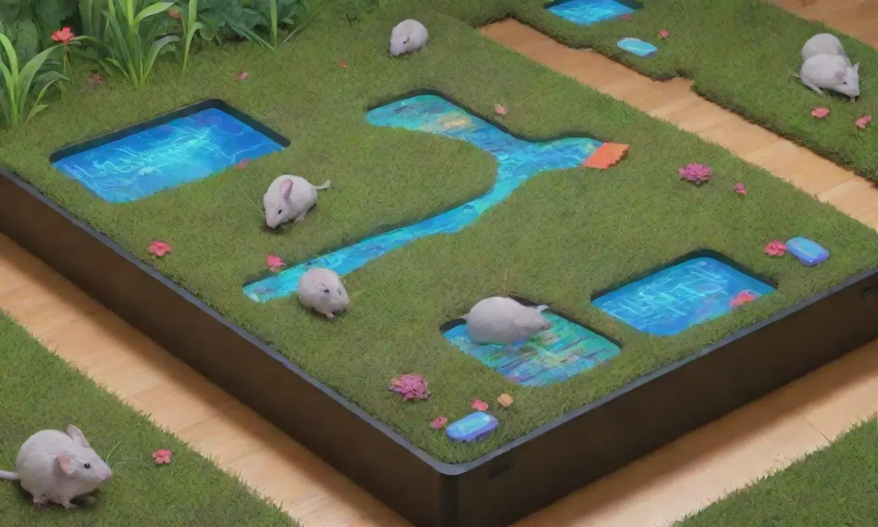 Un fondo vibrante que mezcla un paisaje digital futurista con naturaleza y pequeños roedores interactuando con tecnología
