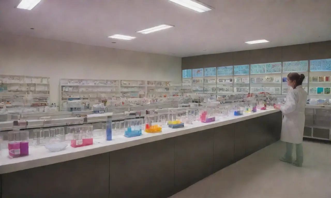 Un laboratorio vibrante con frascos de líquidos coloridos, modelos de ADN, ratones modificados, pantallas LED, investigadores concentrados y un ambiente luminoso