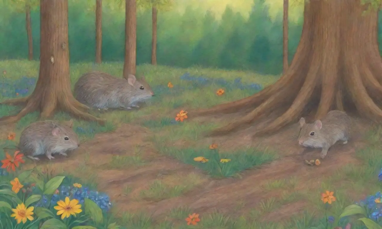 Un bosque vibrante lleno de vida, con luz filtrándose entre las hojas y pequeños roedores en armonía con la naturaleza