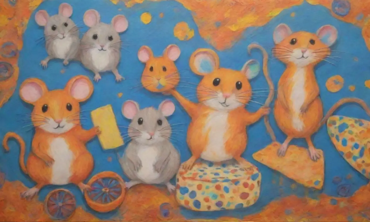 Un mural vibrante y colorido que celebra la creatividad con ratones y quesos