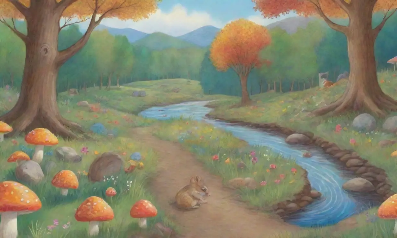 Un bosque vibrante lleno de vida, con roedores curiosos, flores coloridas y un río serpenteante
