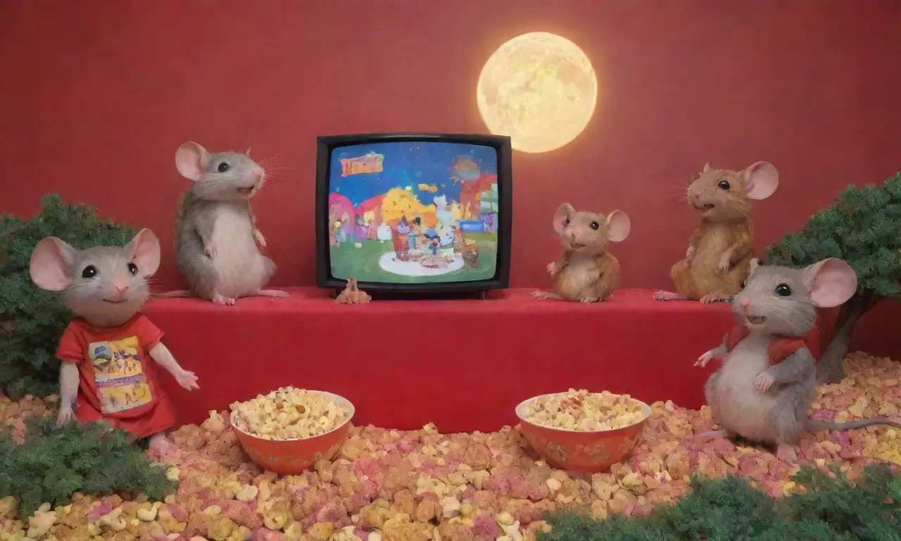 Un colorido collage de ratones animados, carteles de películas y un evento de alfombra roja