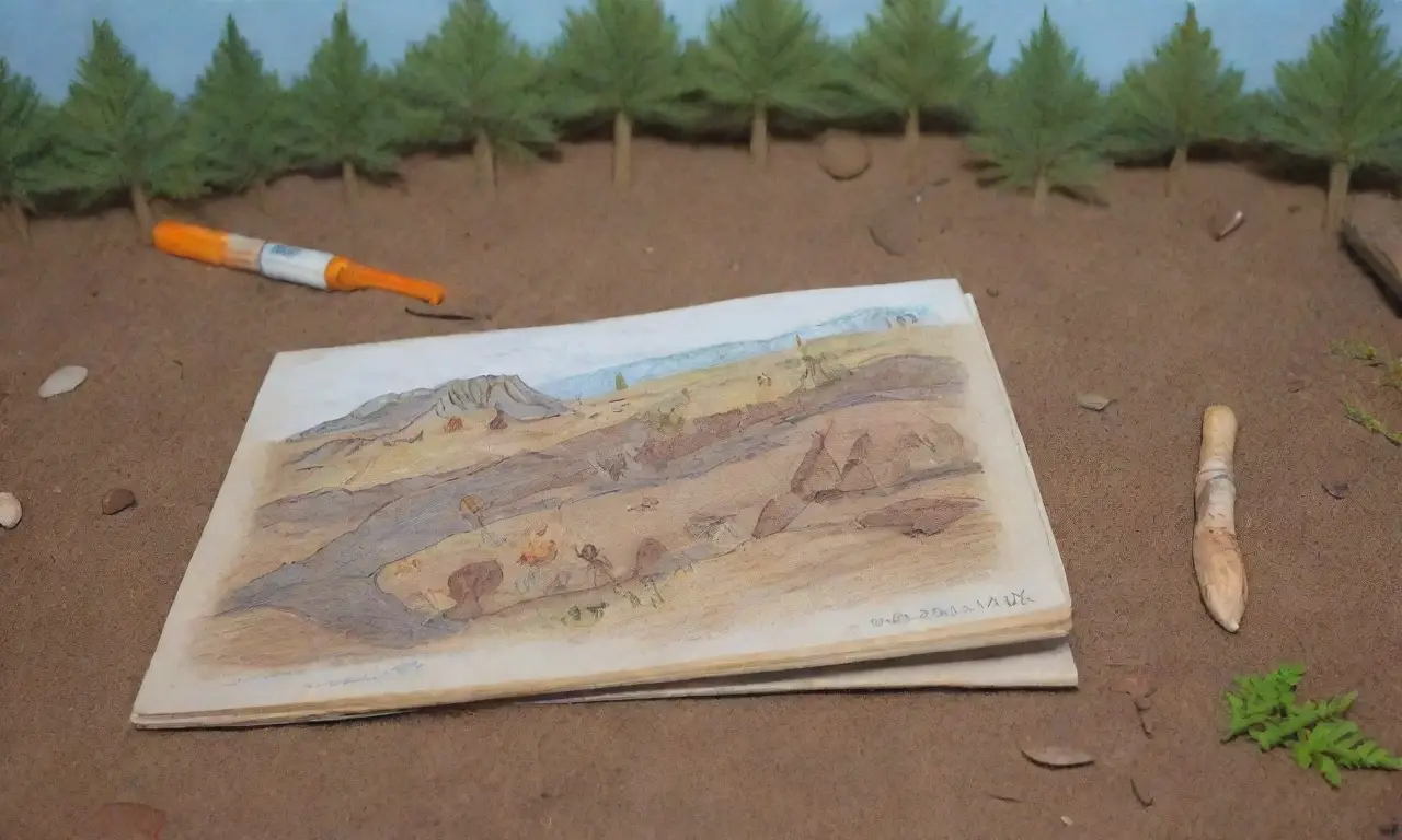 Un paisaje antiguo con fósiles, herramientas de paleontología y naturaleza vibrante
