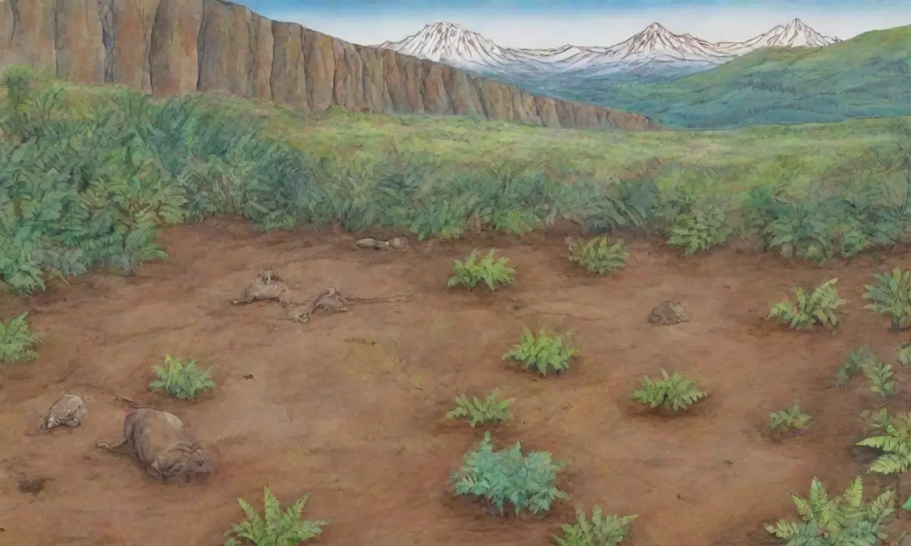 Un paisaje antiguo lleno de fósiles, vegetación vibrante y huellas de vida congelada en el tiempo