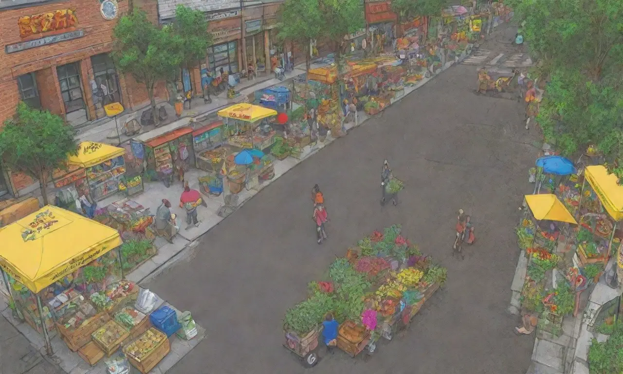 Una ciudad vibrante con calles bulliciosas, basura, negocios locales y conciencia comunitaria