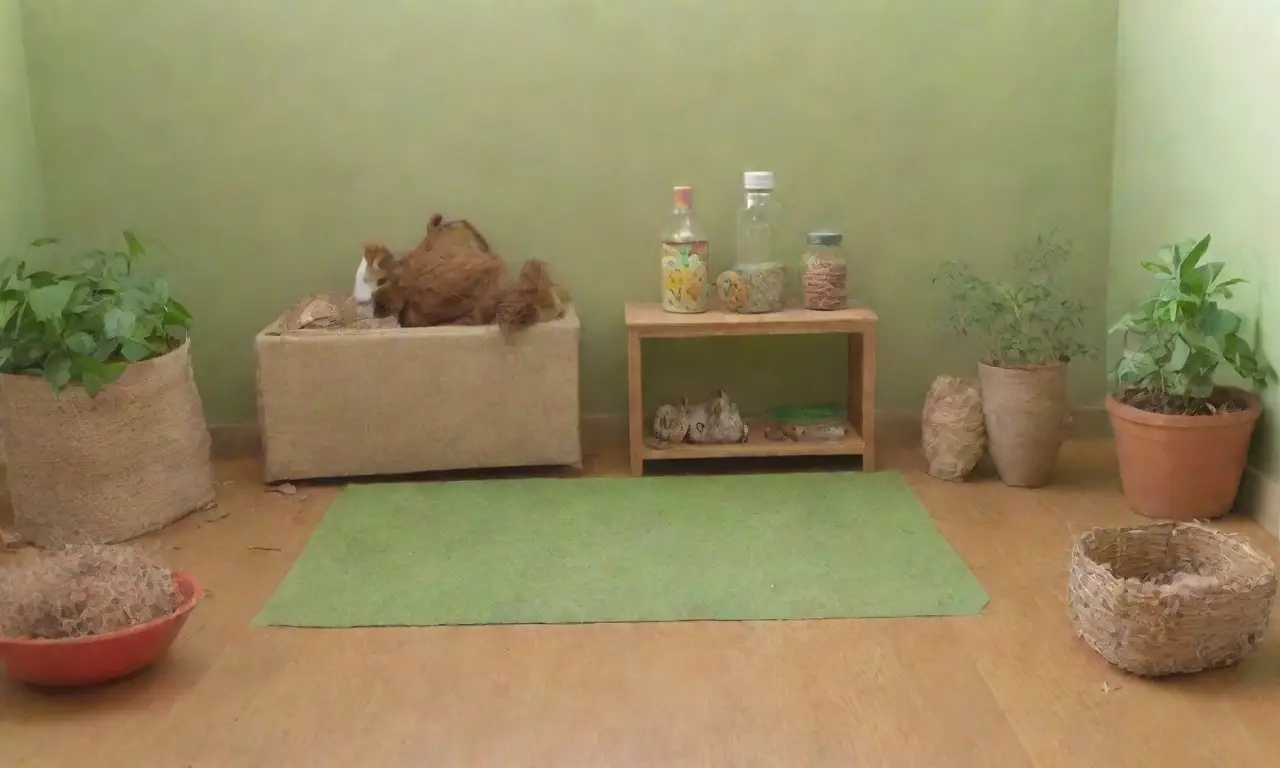 Un ambiente sereno con suaves tonos verdes y marrones, texturas delicadas, juguetes coloridos y pequeños animales curiosos