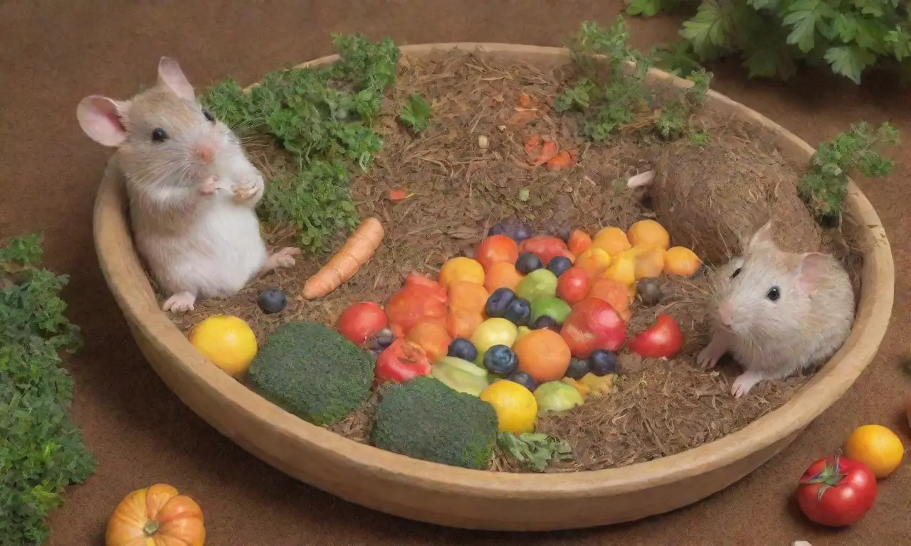 Un entorno saludable y vibrante para roedores, lleno de comida fresca y juguetes