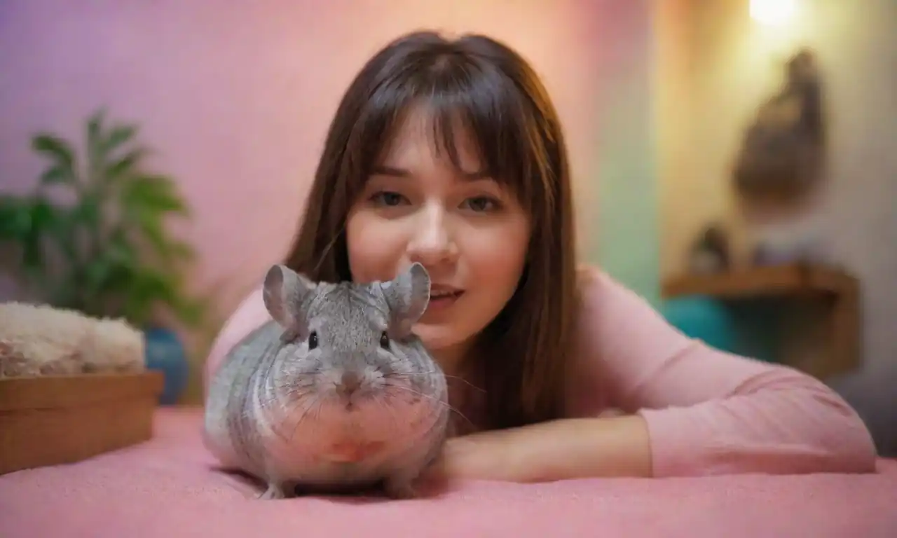 Una persona jugando alegremente con una chinchilla en un ambiente acogedor y colorido.