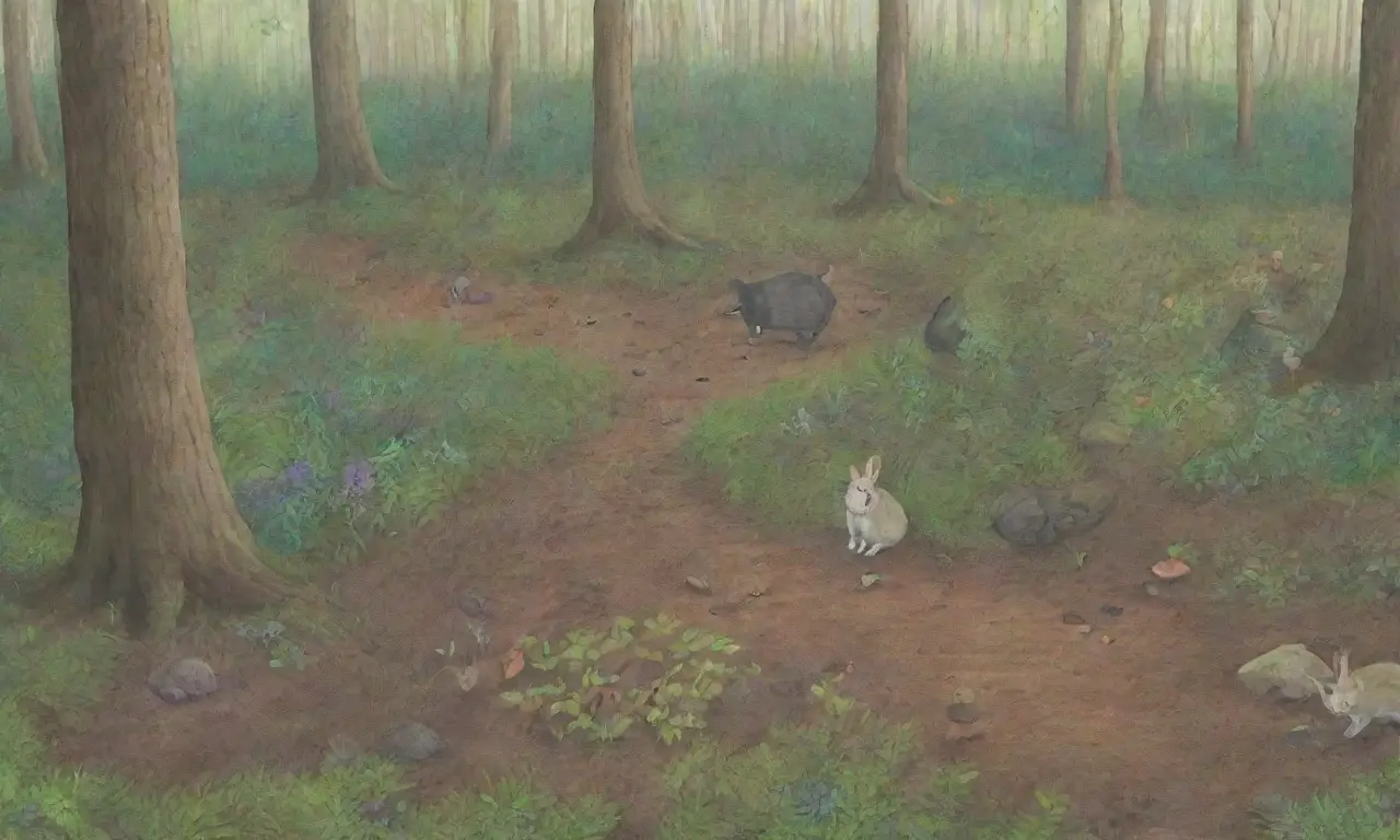 Un bosque verde y vibrante donde la naturaleza y la presencia humana coexisten en armonía