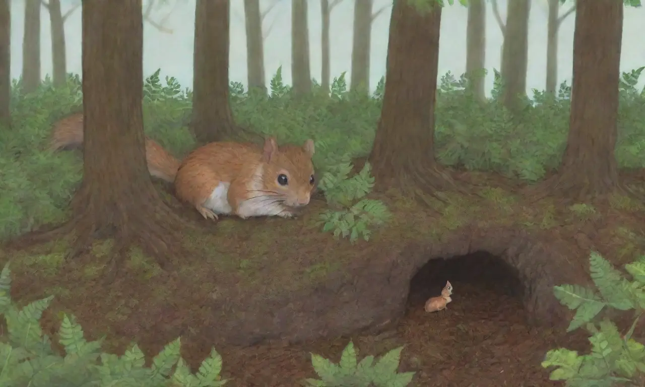 Un bosque denso con hojas brillantes, un ratón curioso, ardillas cautelosas y la amenaza de especies invasoras
