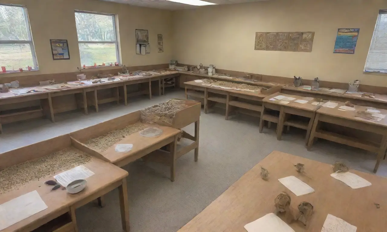 Una aula vibrante y colorida llena de estudiantes curiosos y roedores explorando
