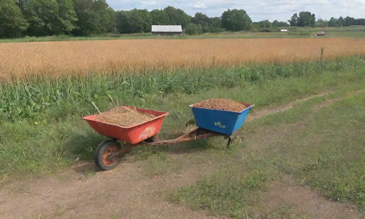 Un campo vibrante con cultivos verdes, un granjero, herramientas, un espantapájaros y un ambiente tranquilo