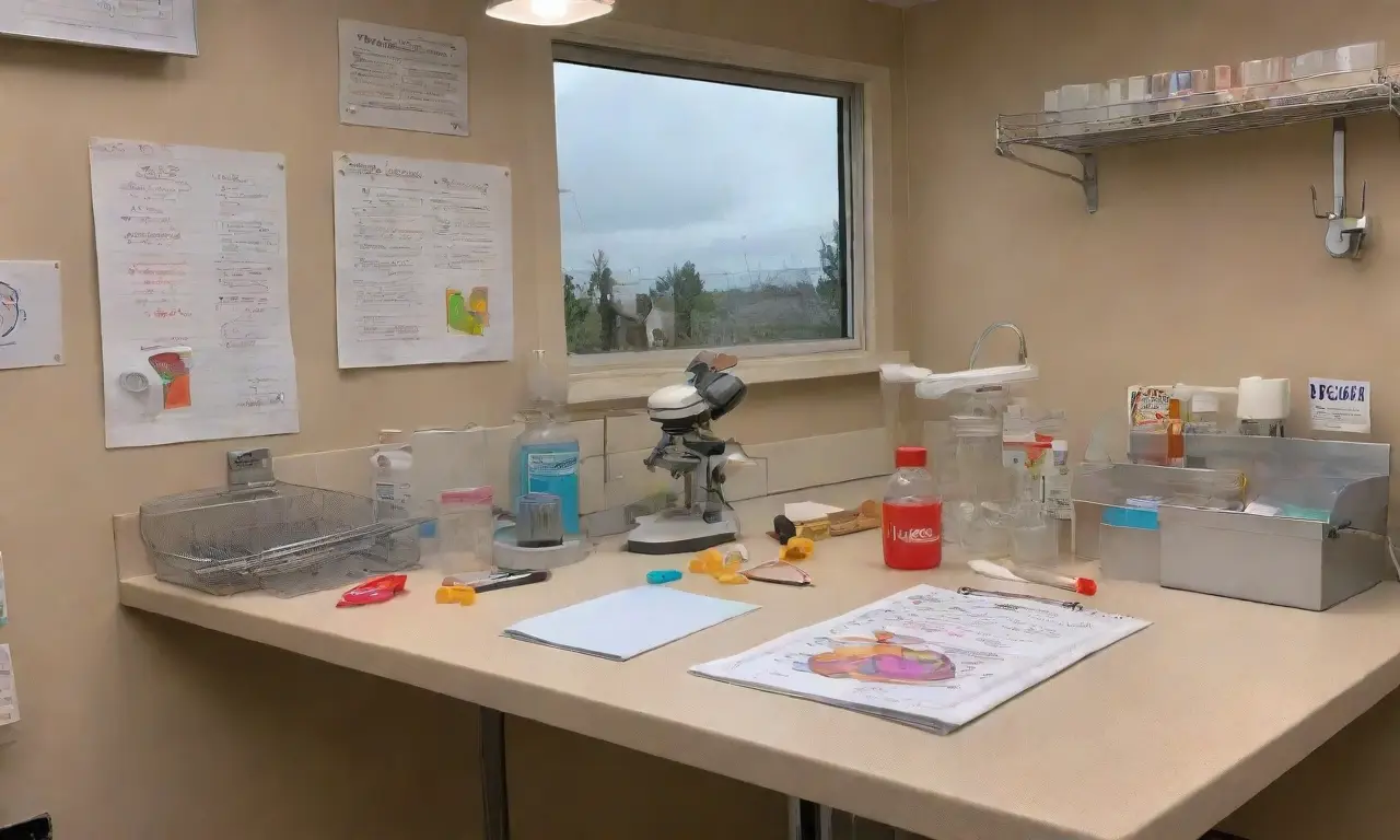 Un fondo vibrante de laboratorio con instrumentos brillantes, un roedor en una jaula y coloridos gráficos en las paredes