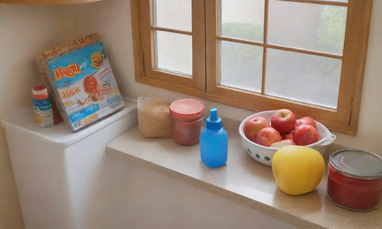 Una cocina vibrante y ordenada, iluminada por el sol, con frutas frescas y utensilios organizados