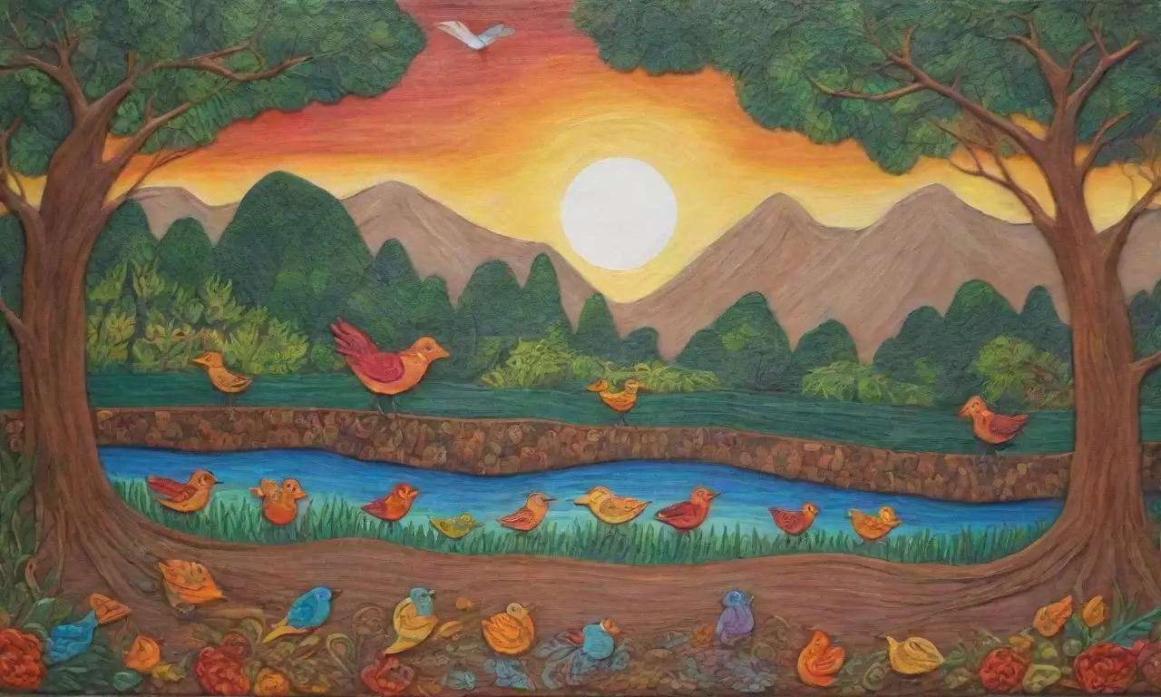 Un mural vibrante con un gran ratón sabio rodeado de naturaleza, simbolizando la rica herencia cultural y la esencia de la vida