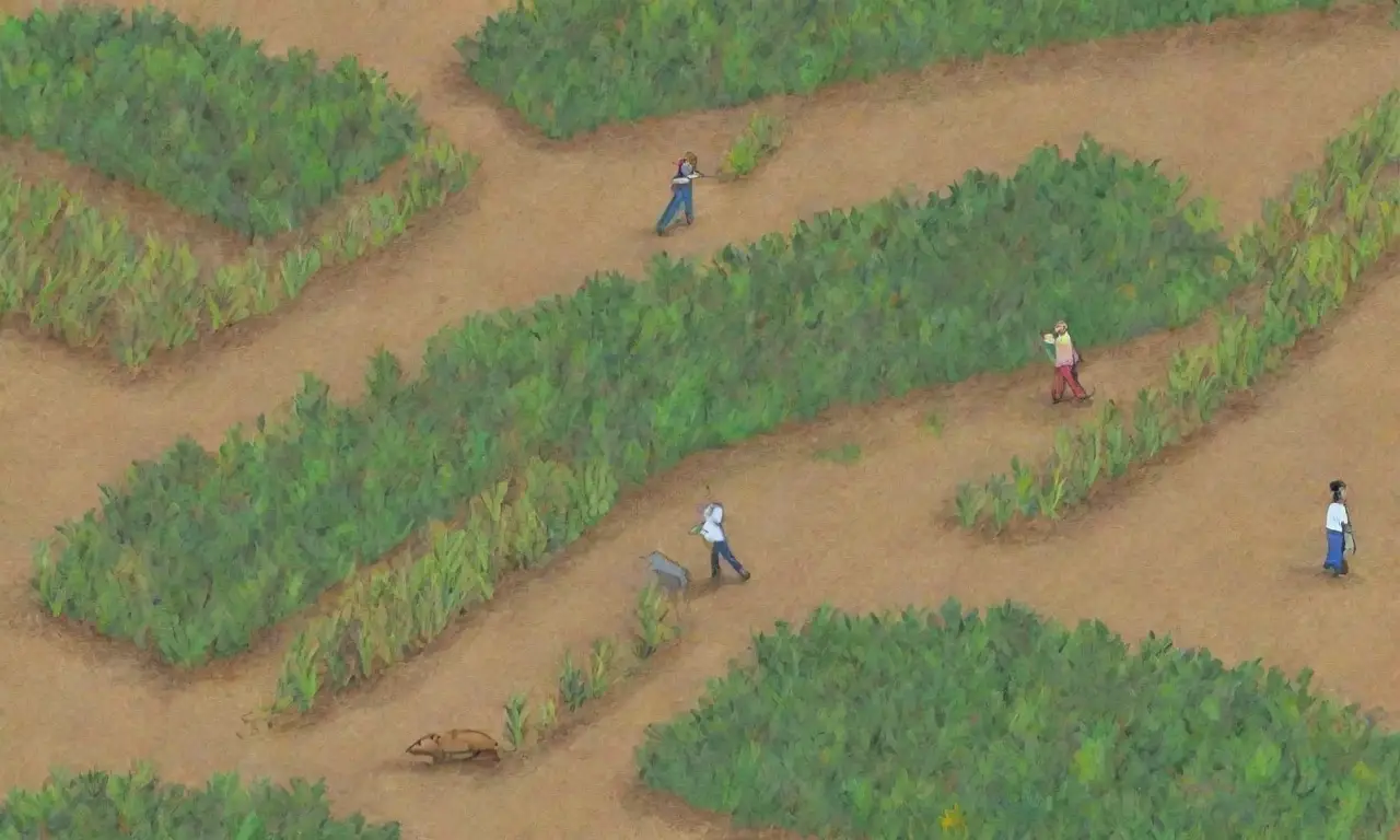 Un campo vibrante con cultivos dorados, roedores, daños visibles y prácticas sostenibles
