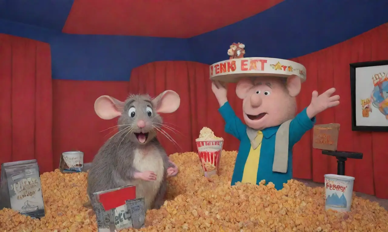 Un cartel de película vibrante con ratones caricaturescos, queso gigante y un ambiente nostálgico