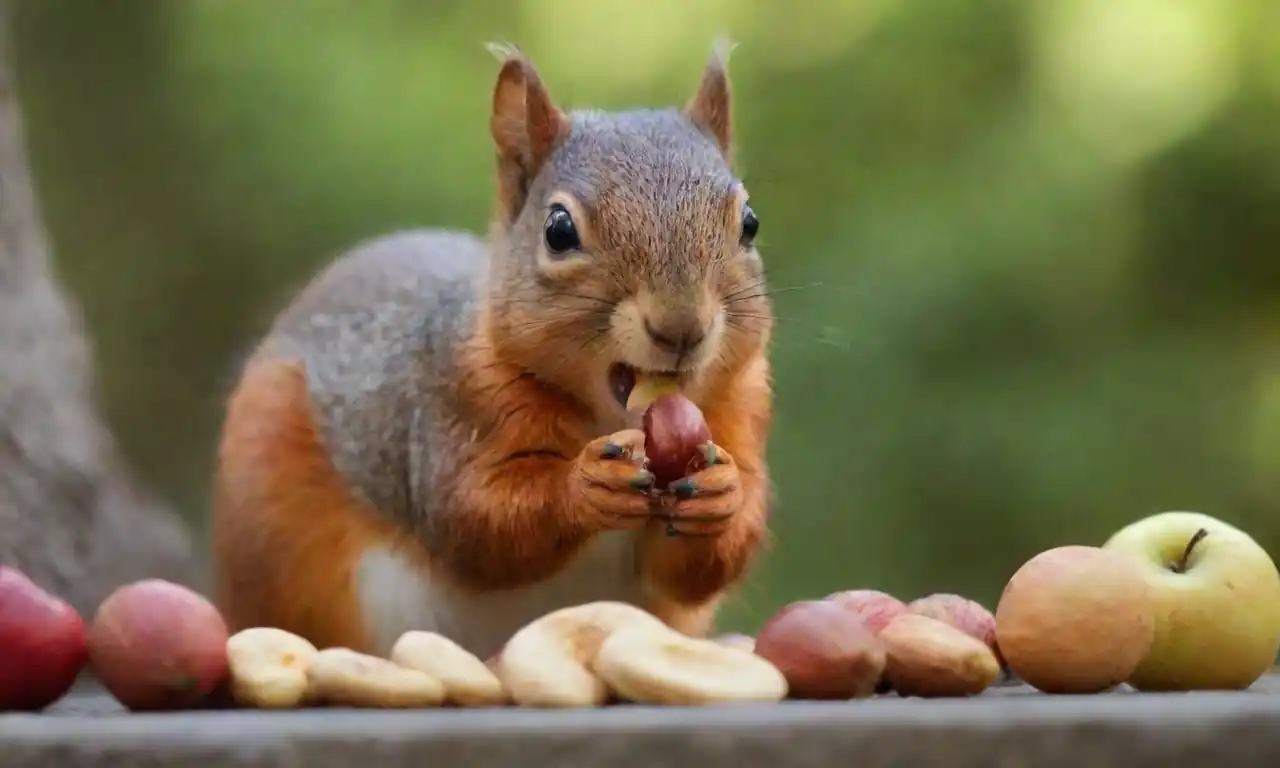 Una ardilla que brota sobre una dieta saludable de nueces y frutas rodeada de consejos de cuidado dental.