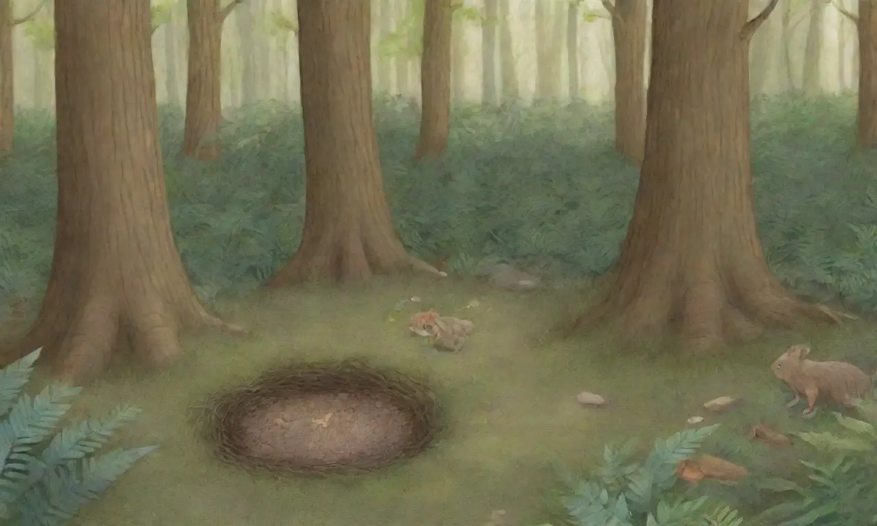 Un pequeño roedor explora cautelosamente un bosque denso, rodeado de luz suave, sombras y vida silvestre