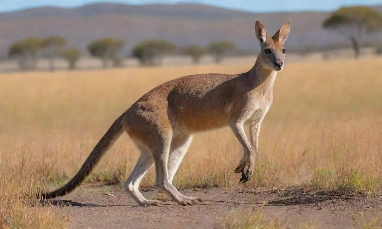 Un paisaje australiano vibrante con canguros, wallabies y flores silvestres bajo un cielo azul