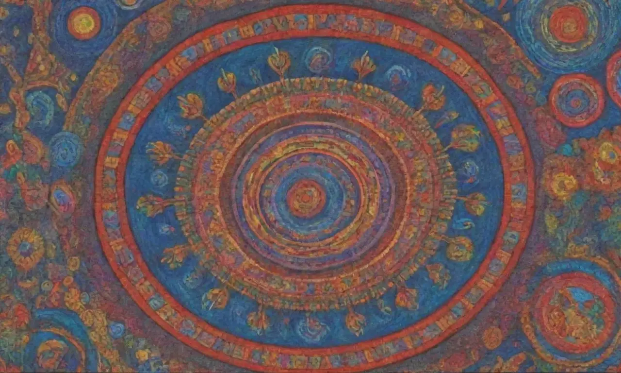 Colores vibrantes y símbolos antiguos danzan en paisajes místicos llenos de vida y cultura