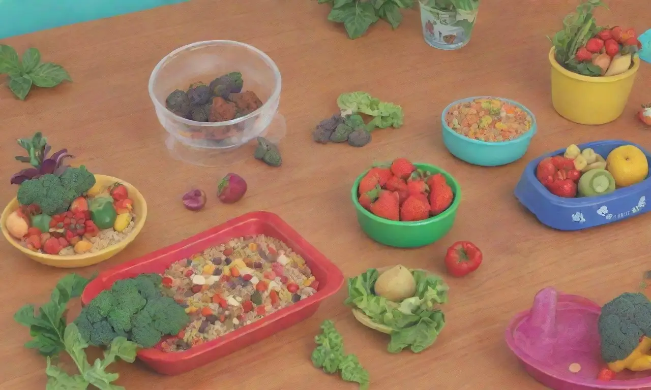 Un fondo vibrante con frutas, verduras, utensilios y mascotas felices