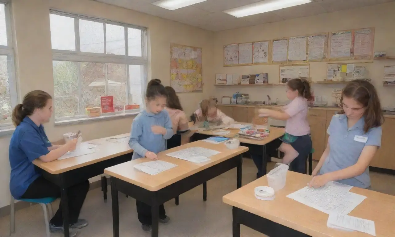 Un aula iluminada y colorida donde estudiantes observan ratones, toman notas y discuten ética científica
