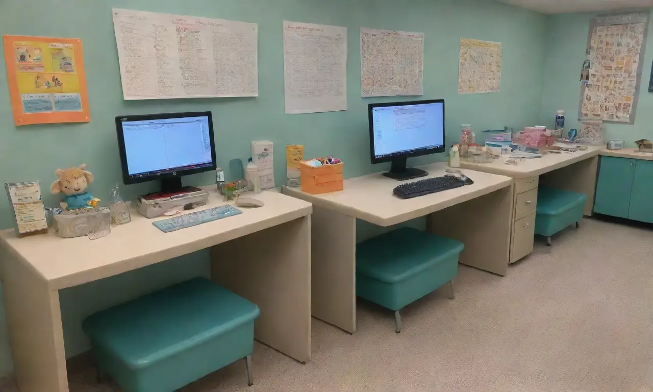Un mural vibrante de una clínica veterinaria con detalles coloridos y un veterinario examinando un ratón