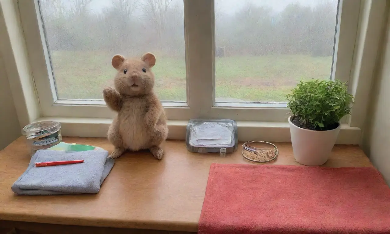 Una habitación acogedora con un roedor asomándose, decorada con suaves colores y elementos de cuidado animal