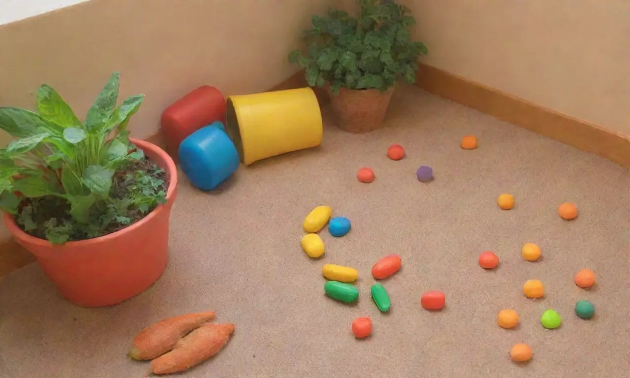 Un rincón sereno y colorido para roedores, lleno de comida, juguetes y amor