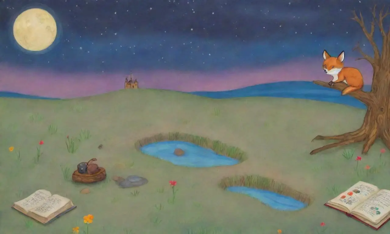Un paisaje desértico onírico con un planeta dorado, un ratón curioso, flores vibrantes, un cielo estrellado y un castillo en las nubes