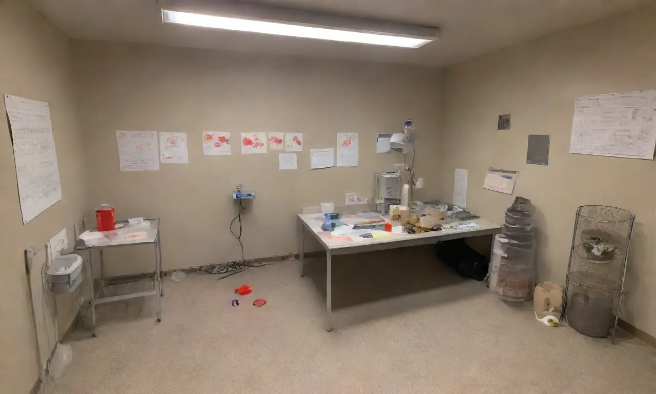 Un laboratorio oscuro y caótico con roedores, luces parpadeantes y un investigador observando