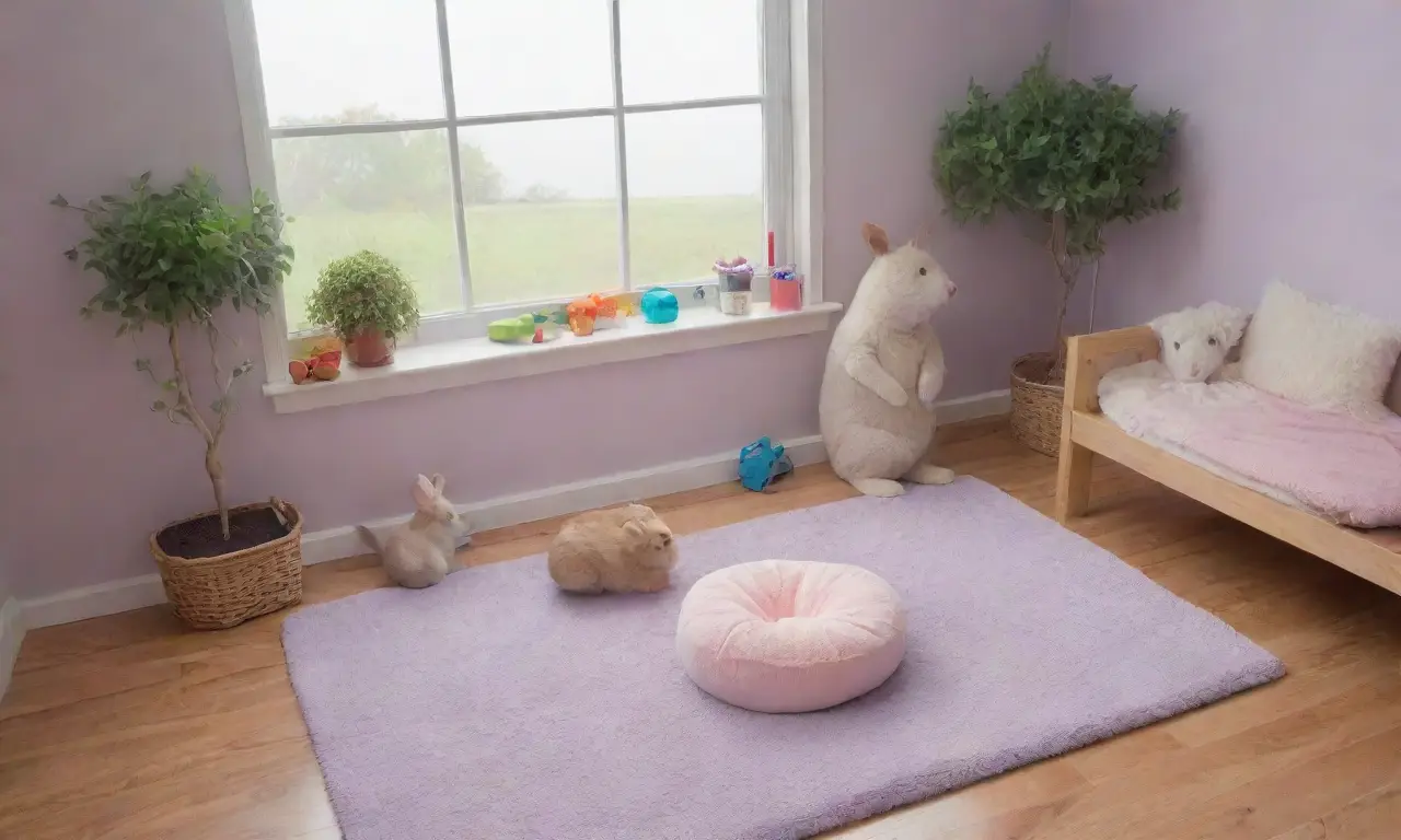 Una habitación serena y acogedora, llena de luz, con un rincón para mascotas y un ambiente tranquilo