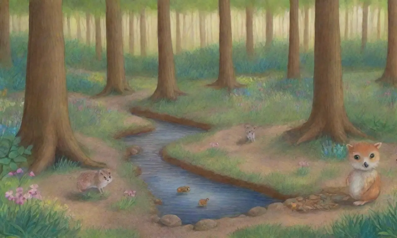 Un bosque vibrante con árboles altos, luz filtrándose, un refugio de roedores, flores silvestres, un arroyo y un búho vigilante