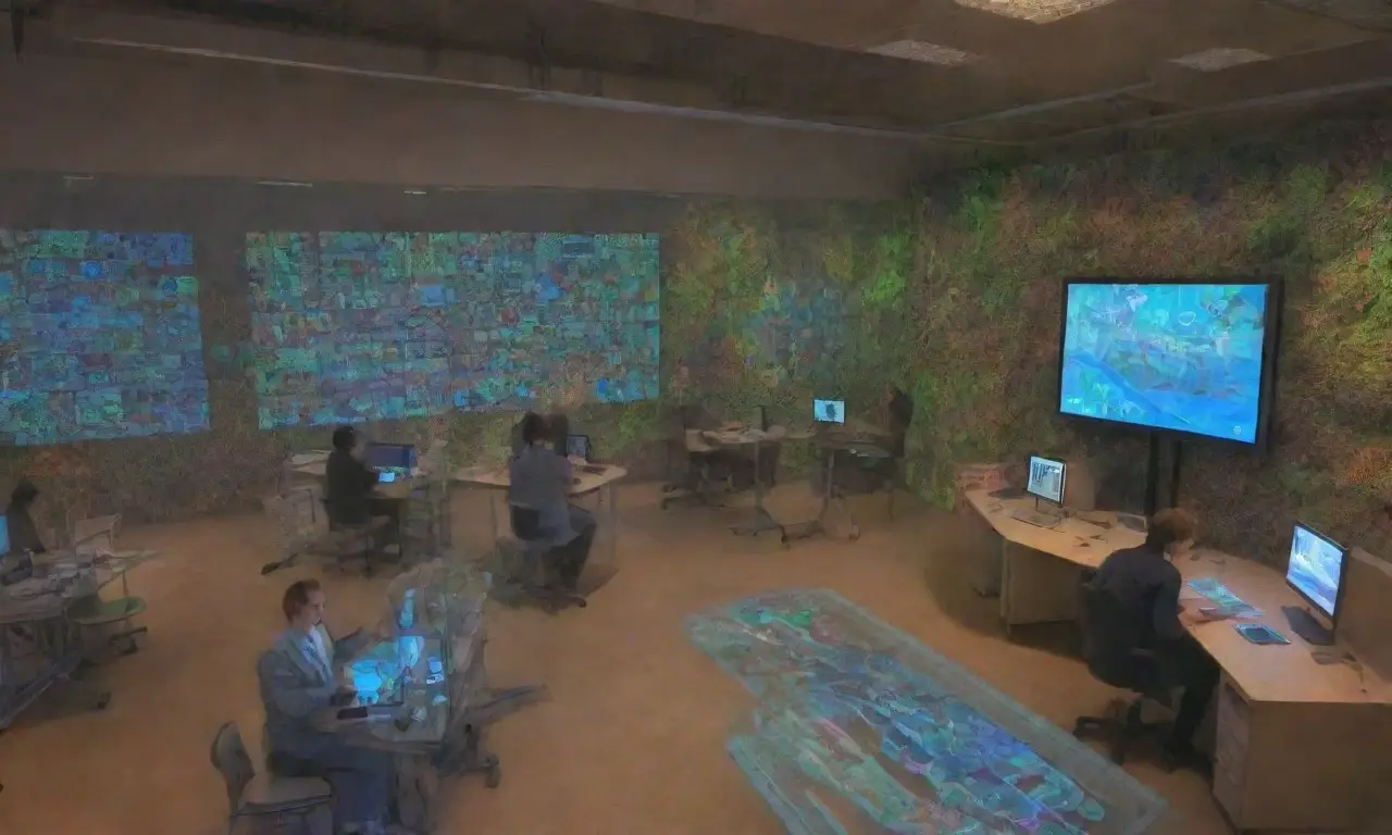 Un paisaje digital vibrante con científicos colaborando en investigaciones éticas y simulaciones biológicas
