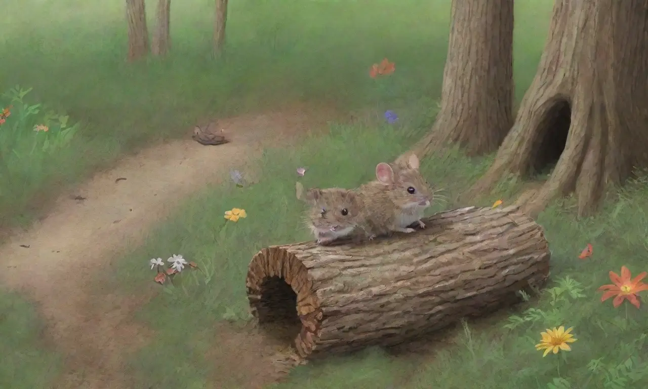 Un bosque denso lleno de vida, con un ratón marrón asomando entre flores silvestres y el sonido de aves