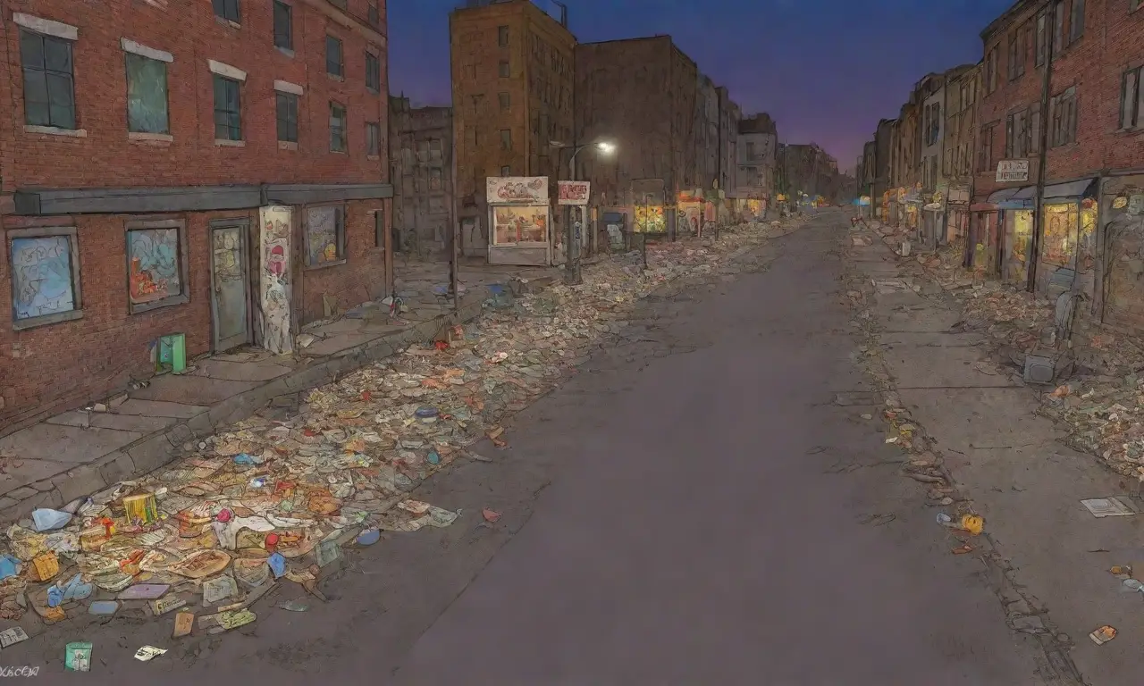 Un paisaje urbano al anochecer refleja la lucha por la supervivencia entre sombras, luces parpadeantes y desechos