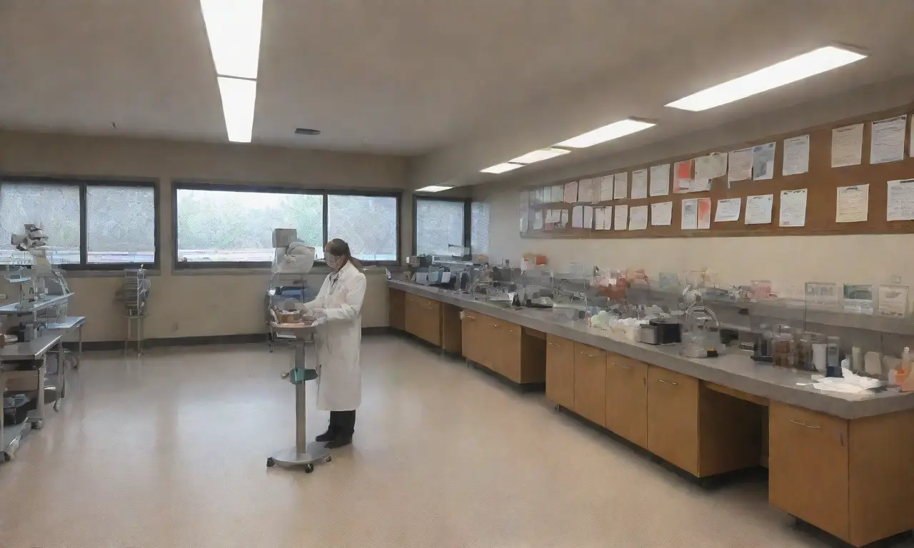 Un laboratorio vibrante y caótico lleno de equipos, animales y un ambiente de urgencia