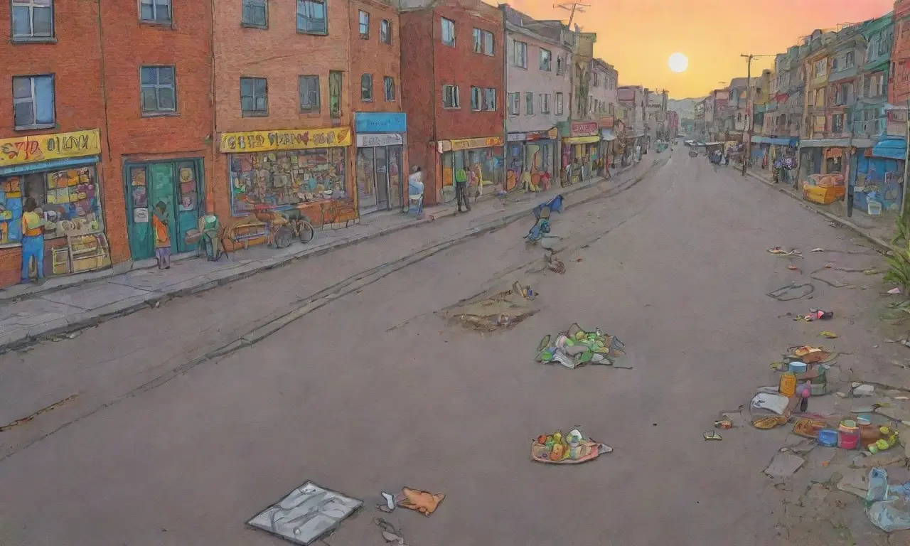 Un vibrante mural en un bullicioso mercado urbano refleja la vida y los desafíos de la comunidad