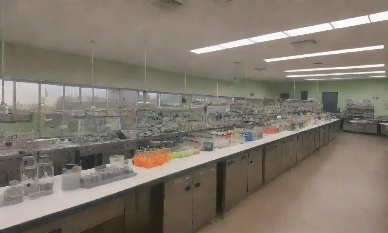 Un laboratorio vibrante con luces fluorescentes, mesas de metal, frascos de vidrio, un microscopio, computadoras, muestras y un ambiente de energía enfocada