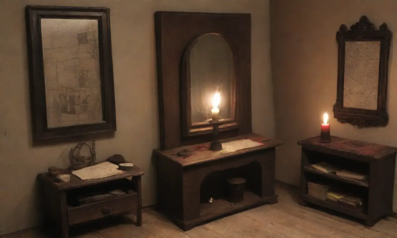 Una habitación oscura y polvorienta llena de sombras, objetos antiguos y un ambiente inquietante