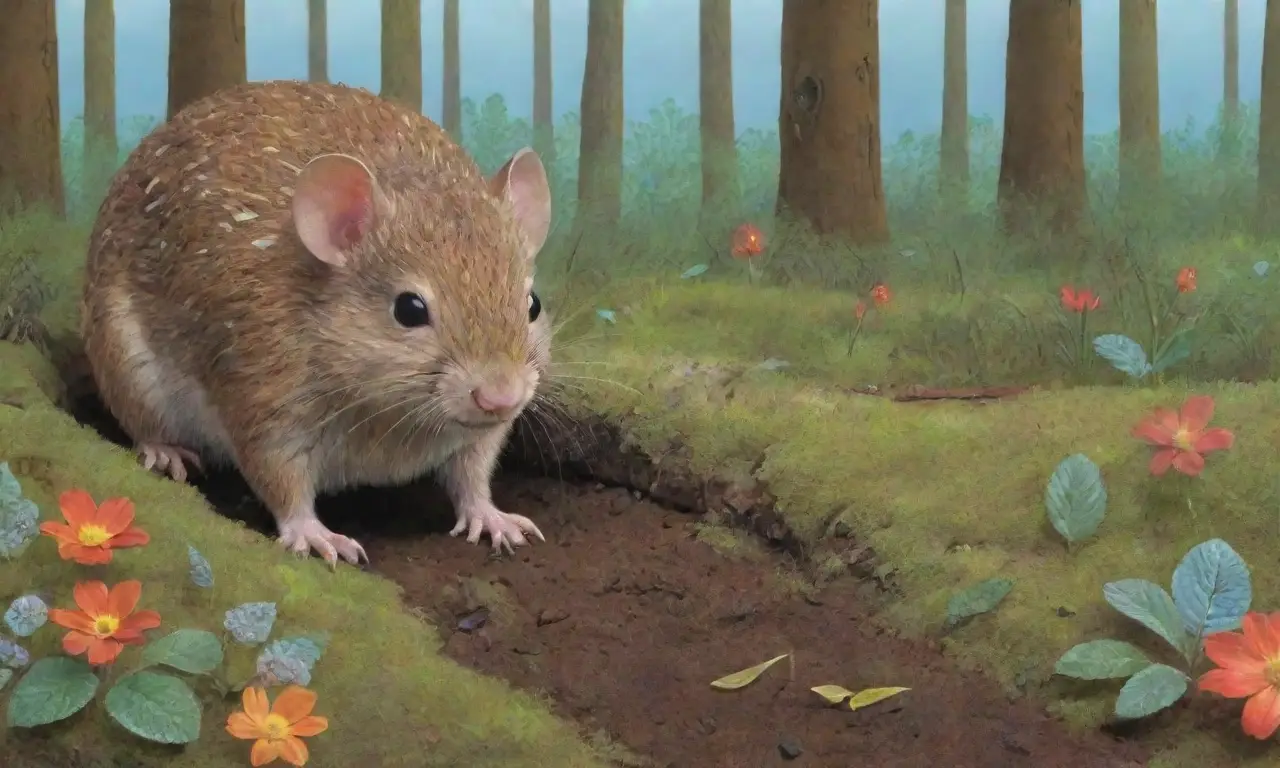 Una escena forestal vibrante con un roedor curioso y un depredador acechante, mientras investigadores documentan el ciclo de vida