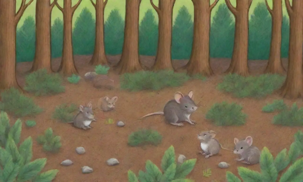 Una escena forestal vibrante llena de vida y actividad de pequeños roedores en un ecosistema equilibrado